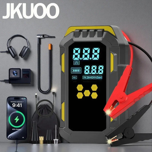 Jump starter with digital display and various accessories on a gray background, featuring the brand 'JKUOO'.